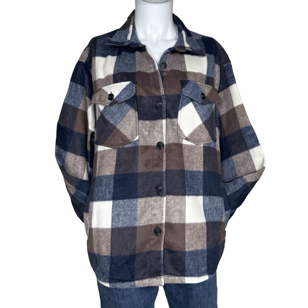 Members Mark Womens XXL 2XL Shacket Jacket Button Up Pockets Warm Blue Brown New